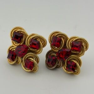 Vintage Wendy Gell Ruby Red Gold Braided Clip Ons